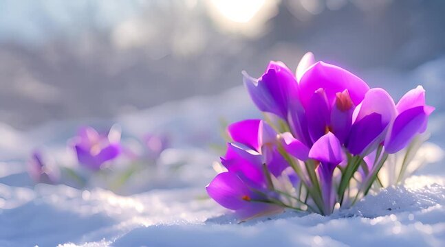 Spring crocus flowers in the snow. Early spring. 3d render looping video