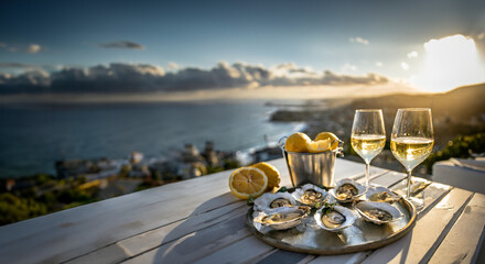 A landscape widescreen photo of an elegant platter of beautifully presented raw oysters on the half shell, served with glasses of white wine and lemons at a wooden slat table overlooking the sea, food - obrazy, fototapety, plakaty