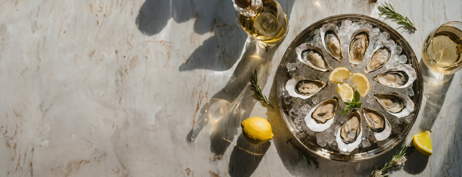 Raw oysters on the half shell, served on ice with white wine and Lemons, A high angle, wide landscape right justified photo, restaurant table