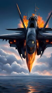 Military Fighter Jet Swooping Over the Sea. Dynamic Aerial Combat Scene. Seamless looping 4k timelapse virtual video animation background generated AI