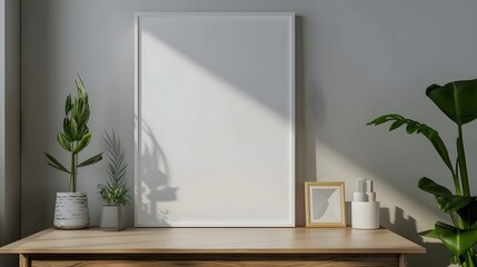 Mockup white frame on work table in living room interior on empty white wall background.