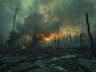In this desolate panorama, the charred remains of a forest bear witness to the brutal impacts of warfare and climate change, leaving hope far away. - obrazy, fototapety, plakaty