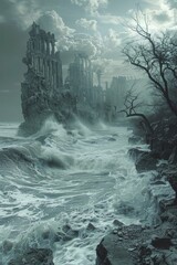 In this haunting scene, the relentless sea emerges as a powerful force of retribution against destruction and neglect. - obrazy, fototapety, plakaty