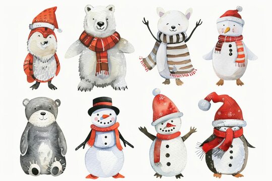 Watercolor winter characters set isolated on white - polar bear, fox, penguin, snowman, Santa Claus, children's illustration