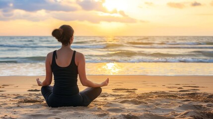 Fototapeta na wymiar Image of amazing young fitness woman meditate outdoors on beach.