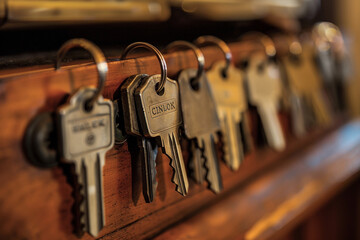 Vintage hotel front desk key rack. Focus on the top row of keys.