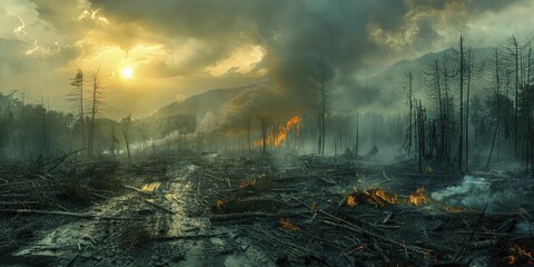 The destruction of forests for military gain chokes our planet, leaving a scorched legacy of war and warming. - obrazy, fototapety, plakaty