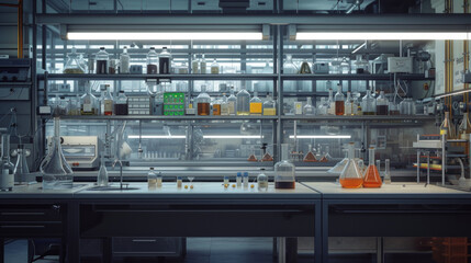 A chemical research laboratory with fume hoods and lab benches, patiently waiting for scientists to resume their explorations of new compounds