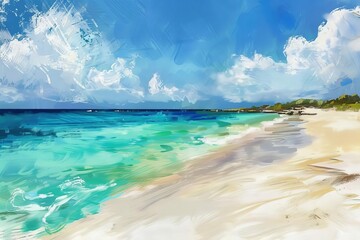 Serene beach vacation scene with turquoise water and white sand, idyllic tropical paradise, digital painting