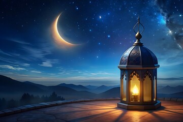 celebration of islamic eid mubarak and eid al adha,eid ul fitr lantern in a night background copy space