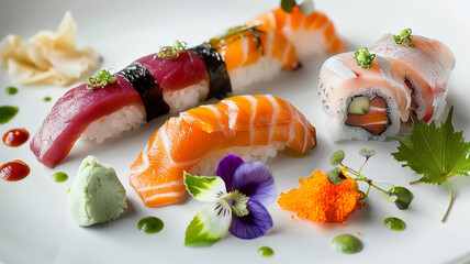 An assortment of fresh sushi and sashimi, elegantly arranged on a minimalist, white plate. - Powered by Adobe