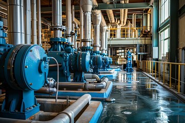 Industrial boiler room and water treatment facility with blue pumps, stainless steel pipes, and valves, factory interior, photograph - obrazy, fototapety, plakaty