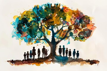 Watercolor Illustration of a Diverse Family Tree with Silhouettes, Digital Art