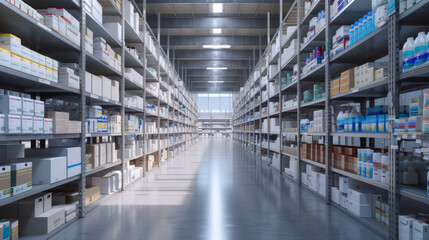 A pharmaceutical distribution center with shelves and pallets, momentarily quiet but ready to distribute medications to pharmacies and hospitals