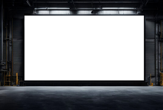 Big large screen on dark factory interior or empty warehouse, clear screen backdrop, front view. Presentation board, screen display for creative design. Advertising mockup concept. Copy ad text space