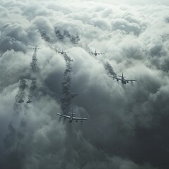 In the ethereal mist, warplanes disappear as the climate apocalypse unravels in a hauntingly surreal vision. - obrazy, fototapety, plakaty