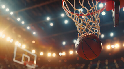 Closeup of a basketball going through a hoop