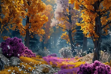 Panoramic Fantasy Autumn Forest with Pine Trees and Colorful Flowers, 3D Illustration - obrazy, fototapety, plakaty