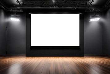 Large projection screen on stage, presentation board, blank whiteboard for conference. Screen...
