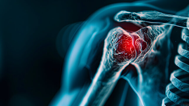 Close up x-ray of shoulder joint, with red color pain point highlighted on the right side of the body against a dark background