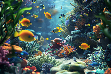 Obraz na płótnie Canvas An underwater scene capturing the serene beauty of a coral reef, with a school of colorful fish swimming amongst the corals, and a curious octopus peeking out from its hiding spot.