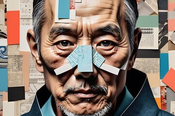 Handsome Old Korean Man Retro Trendy Paper Collage Composition, Modern Aesthetics