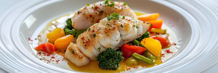 Appetizing Gourmet Monkfish Dish Creatively Plated With Colorful Vegetables - obrazy, fototapety, plakaty
