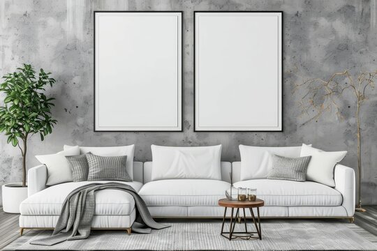 Mock Up Poster Frame in Modern Living Room Interior, 3D Render