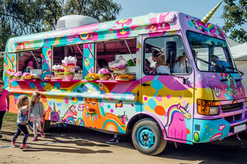 A brightly painted food truck at a children's carnival, serving fun and creative snacks like cotton...