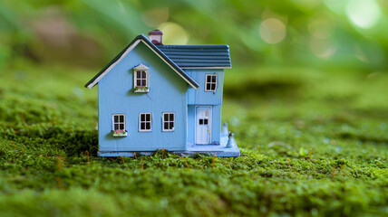 A bright sky blue miniature house, symbolizing freedom and optimism, on a lush moss green surface.