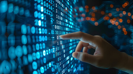 Digital data technology concept with a hand touching a digital screen and binary code background
