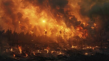 In the midst of chaos, the haunting radiance of wildfires reveals a planet suffocating under layers of turmoil and degradation.