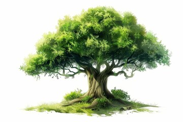 Epic Fairy Tale World Tree with Dense Green Foliage Isolated on White Background, Digital Illustration