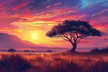 Fototapeta na wymiar African savanna landscape with acacia tree and distant mountains at sunset, digital painting