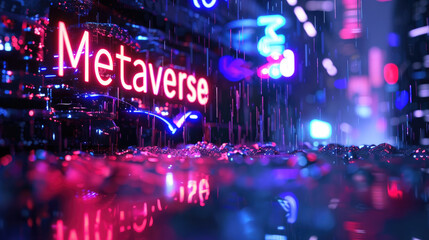 Futuristic dark cyberpunk city with neon sign Metaverse, abstract digital world, lettering on rain and lights background. Concept of technology, cyber future,, virtual reality