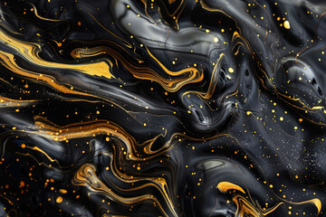 Black liquid texture background, top view of waves of oil and gold glitter, abstract luxury...