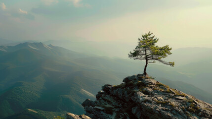 Lonely tree on cliff top at on blue sky background, scenic view of mountains in summer, amazing...