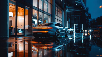 Modern shiny car parked at store at night, luxury new vehicle on city street near dealership in rain. Urban reflections and lights background. Concept of sport, design, road.