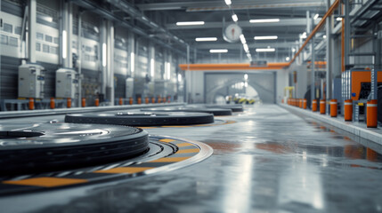 A vehicle testing facility with testing tracks and diagnostic equipment, momentarily quiet but ready to evaluate the performance of automobiles