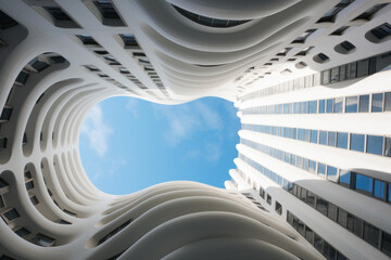 Modern office building with futuristic design, bottom view of exterior and sky from courtyard, geometric wavy facade with glass. Concept of architecture, curve, skyscraper