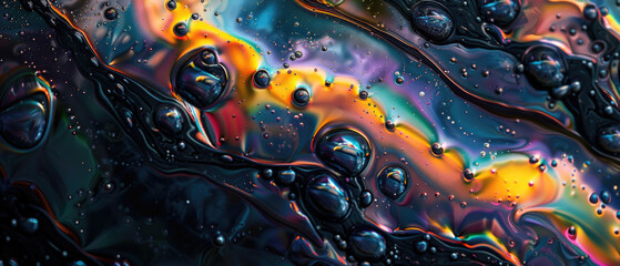 Color liquid texture background, bubbles of black oil or water with rainbow gradient. Concept of...