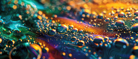Obraz premium Color liquid texture background, bubbles of oil or water with rainbow gradient. Concept of multicolored surface, abstract pattern, iridescent, watercolor