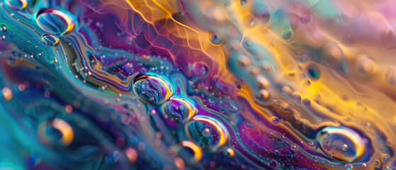 Fototapeta premium Color liquid texture background, bubbles of oil or water with rainbow gradient. Concept of surface, abstract pattern, iridescent, watercolor and wallpaper
