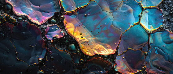 Fototapeta premium Color liquid texture background, bubbles of black oil or water with rainbow gradient. Concept of multicolored surface, abstract pattern, iridescent and wallpaper