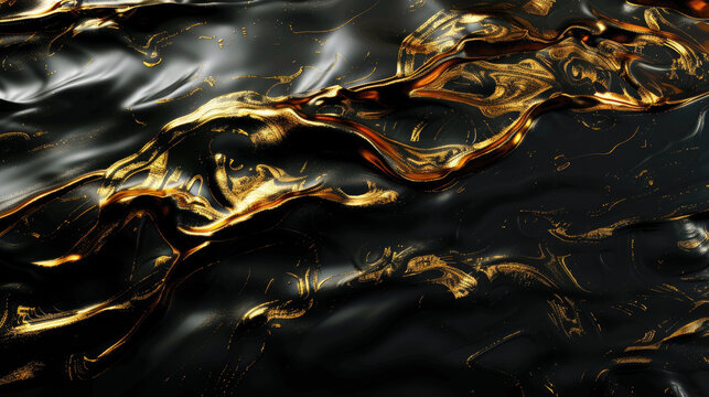 Black liquid texture background, top view of waves of oil and gold glitter, abstract luxury paint pattern. Concept of marble surface, watercolor, swirl and wallpaper
