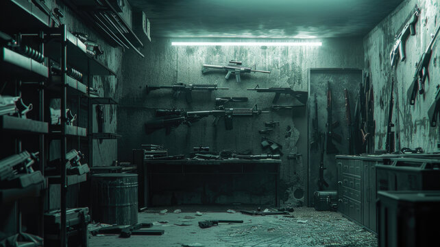 Room with weapon and army equipment, guns in boxes and on wall in dark storage, illegal smuggle arsenal. Concept of war, store, military industry, background, package