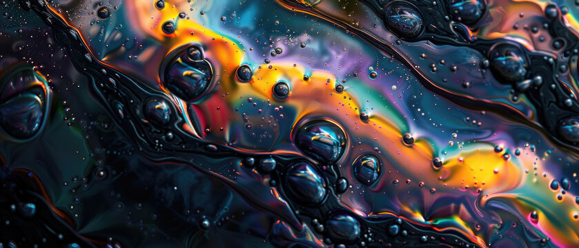 Color liquid texture background, bubbles of black oil or water with rainbow gradient. Concept of multicolored surface, abstract pattern, iridescent, watercolor