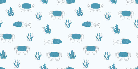 marine animals. whale. jellyfish. ramp. coral. animals. sea. fish. Doodle. vector. seamless pattern. the pattern. a child's pattern. textile. a sketch. on a colored background.