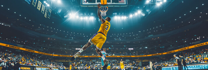NBA player in a yellow and white uniform dunks on the basketball court