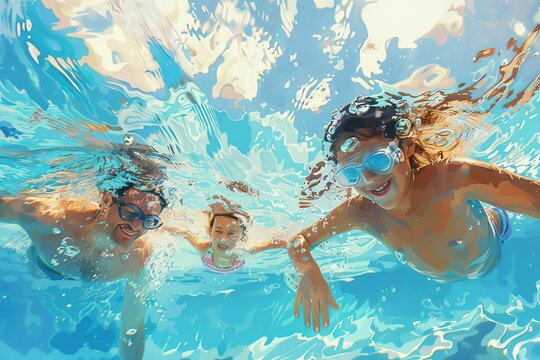 Father and daughters swimming underwater in pool, family fun and bonding, digital painting